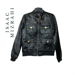 1751. ISAAC MIZRAHI BOMBER JACKET BLACK/GOLD IN COLOR SIZE SMALL 6 POCKETS‎